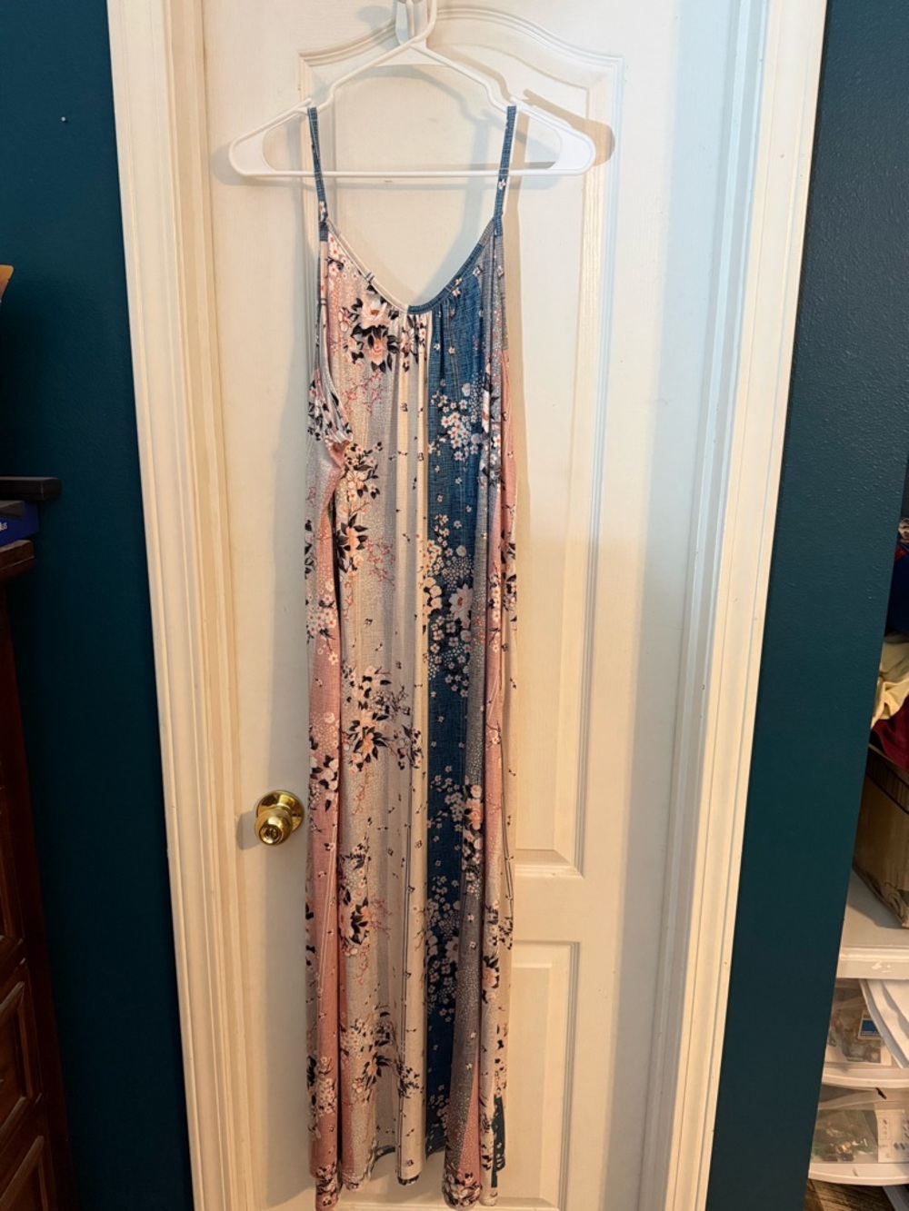 Women's Floral Maxi Dress in Pink and Blue - Sleeveless V-Neck